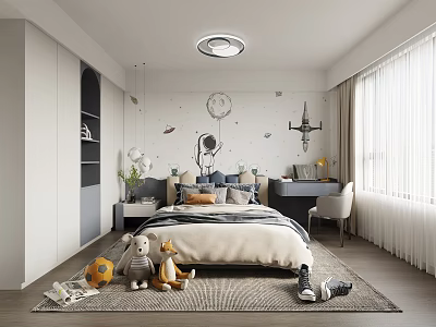 Cozy Kids Room Interior Design With Space Themed Wall Decor Bed Desk And Stuffed Toys 3d model
