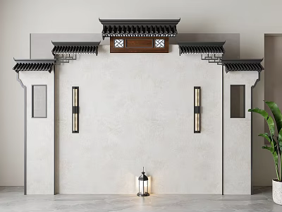 Traditional Chinese Background Wall With Black Tile Top Wooden Accent Pillars Lantern And Green Plant 3d model