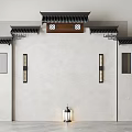 Traditional Chinese Background Wall With Black Tile Top Wooden Accent Pillars Lantern And Green Plant