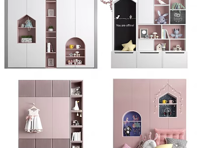 Cute Kids Room Wardrobe With Arched Windows Pink Finish Storage Shelves Hanging Space And Drawers 3d model
