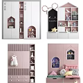 Cute Kids Room Wardrobe With Arched Windows Pink Finish Storage Shelves Hanging Space And Drawers