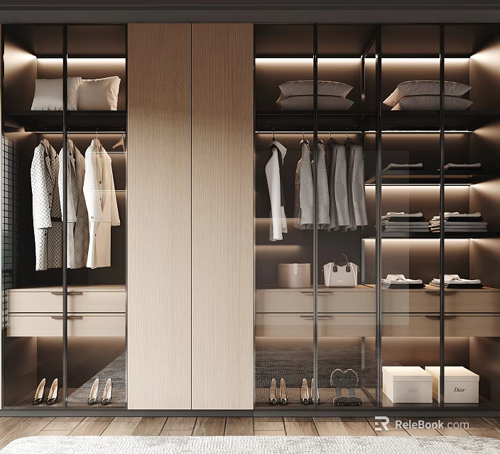 Modern Wardrobe Interior with Glass Doors Hanging Clothes Folded Clothes Shoes and Lighting 3d model 