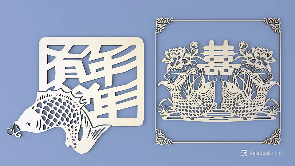 Chinese Traditional Carving Art With Fish Lotus And Double Happiness Design In Square Frame 3d model 