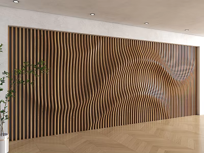 Modern Interior Wooden Background Wall With Wavy Stripes Green Plant And Wooden Floor 3d model