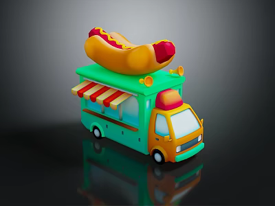 Green Food Truck With Large Hot Dog On Top And Red White Striped Awning 3d model