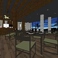 Wooden Interior Restaurant With Dining Tables Chairs And Palm Trees Sea View