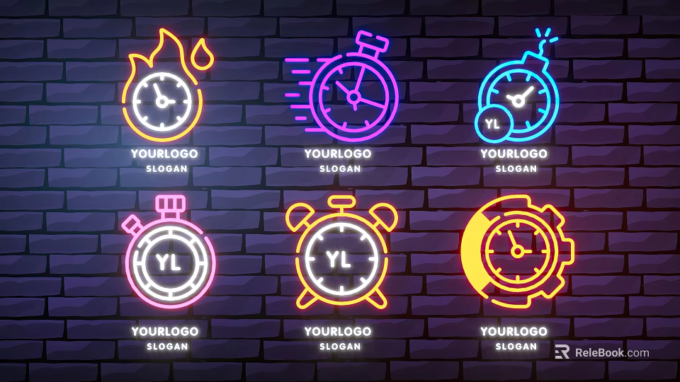 Neon Style Decorative Lights With Various Shapes Clock Stopwatch Designs Multiple Colors Brick Wall Background 3d model 