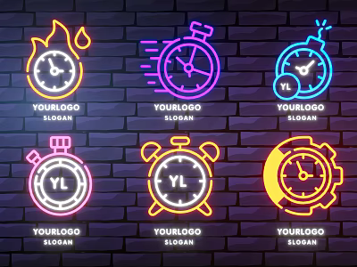Neon Style Decorative Lights With Various Shapes Clock Stopwatch Designs Multiple Colors Brick Wall Background 3d model