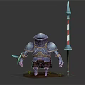 3D Rendered Armored Character Standing With Metallic Armor Striped Spear And Small Plants