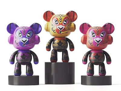 Colorful Cartoon Animal Sculptures With Headphones And Intricate Patterns On Black Bases 3d model