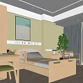 Hotel Guest Room Interior With Wooden Bed Wall Artwork Window Plant Armchair And Nightstand