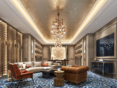 Luxurious Hotel Public Lounge with Golden Ceiling Crystal Chandelier Comfortable Seating and Elegant Decor 3d model