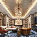 Luxurious Hotel Public Lounge with Golden Ceiling Crystal Chandelier Comfortable Seating and Elegant Decor