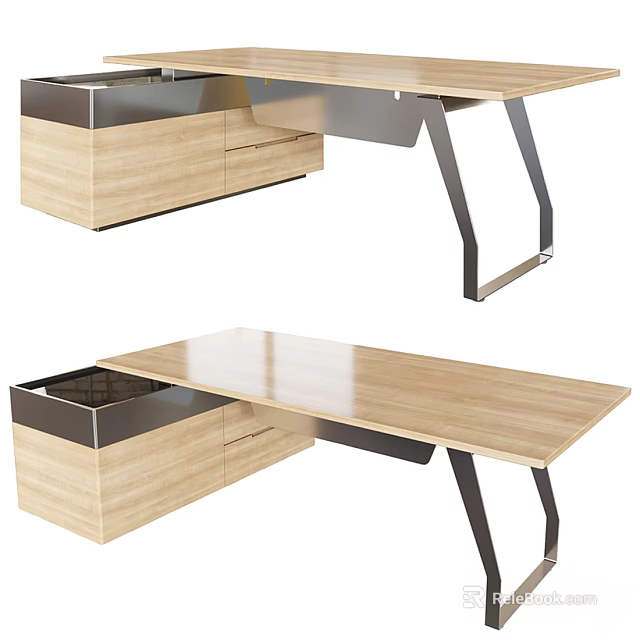 Modern Office Desk With Wooden Top Metal Legs And Functional Drawers 3d model 