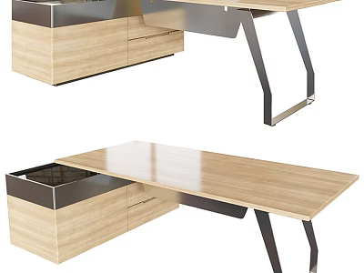 Modern Office Desk With Wooden Top Metal Legs And Functional Drawers 3d model