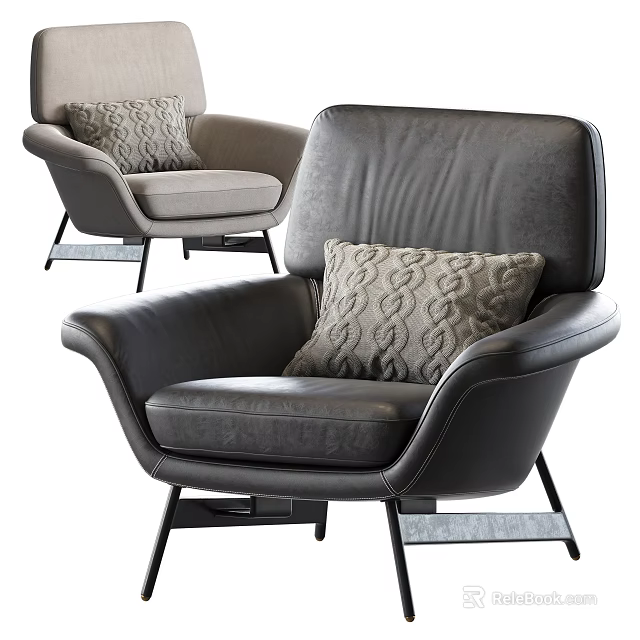 Modern Gray Leather Single Sofa With Decorative Pillow And Sturdy Metal Legs 3d model 