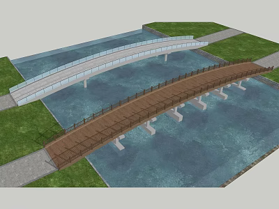 White Modern And Brown Wooden Bridges Over Water With Grassy Banks 3d model
