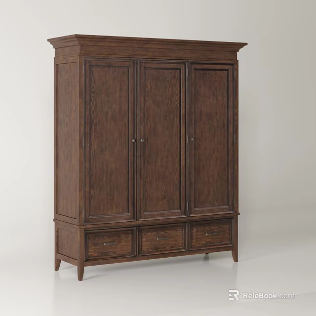Classic Wooden Wardrobe With Three Doors And Bottom Drawers Design 3d model 