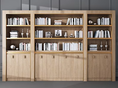 Modern Wooden Bookcase With Multiple Shelves Storage Cabinets And Decorative Items For Books 3d model