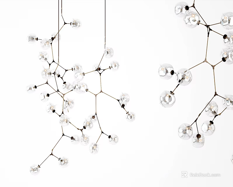 Modern Branch Inspired Chandelier With Clear Glass Globes And Metal Frame 3d model 