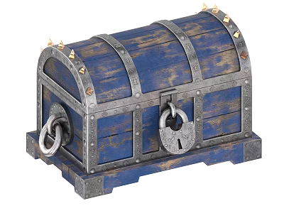 Vintage Blue Wooden Chest With Metal Bands Golden Studs And Padlock 3d model