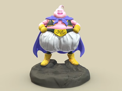 Detailed Pink Action Figure with Purple Cape Yellow Gloves Boots and Black Rock Base 3d model