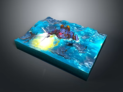 Blue Water Waves On Square Base With Glowing Mechanical Character And Yellow Light 3d model