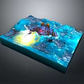 Blue Water Waves On Square Base With Glowing Mechanical Character And Yellow Light