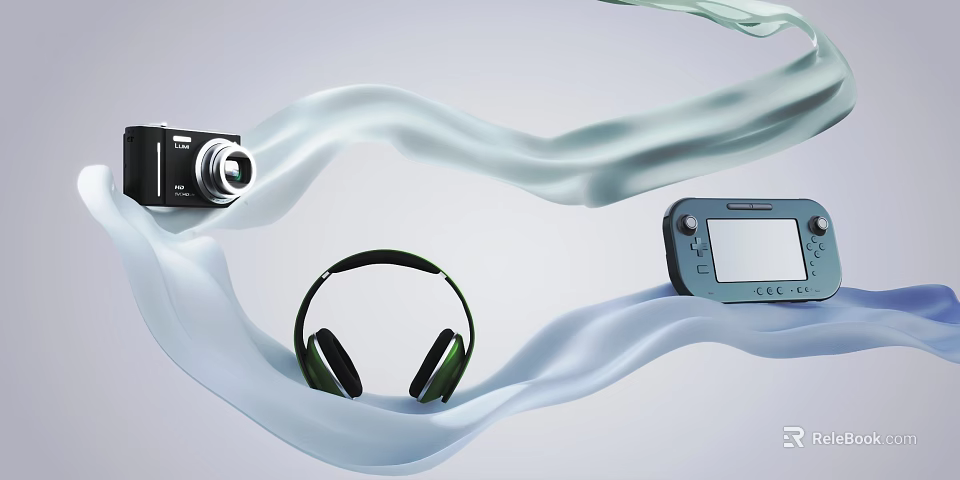 Stylish Decorative Ornament Set With Headphones Camera Portable Player And Wavy Fabric 3d model 