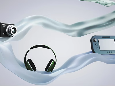 Stylish Decorative Ornament Set With Headphones Camera Portable Player And Wavy Fabric 3d model