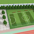 Outdoor Soccer Field With Green Chain Link Fence Surrounded By Trees Near Red Track