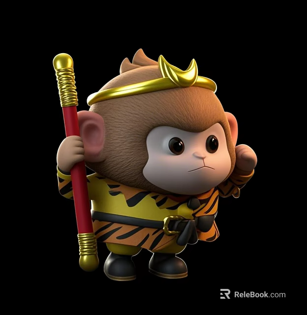 Cute Game Movie Monkey Character With Golden Headband Red Staff And Yellow Striped Outfit 3d model 