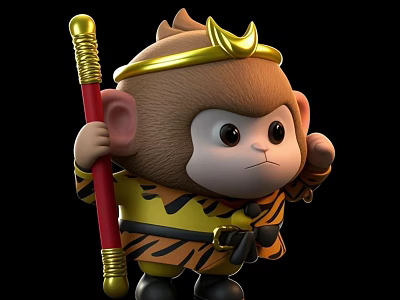 Cute Game Movie Monkey Character With Golden Headband Red Staff And Yellow Striped Outfit 3d model