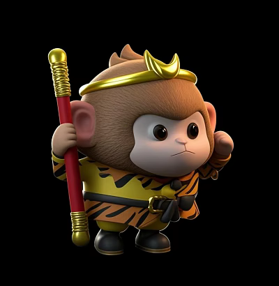 Cute Game Movie Monkey Character With Golden Headband Red Staff And Yellow Striped Outfit 3d model