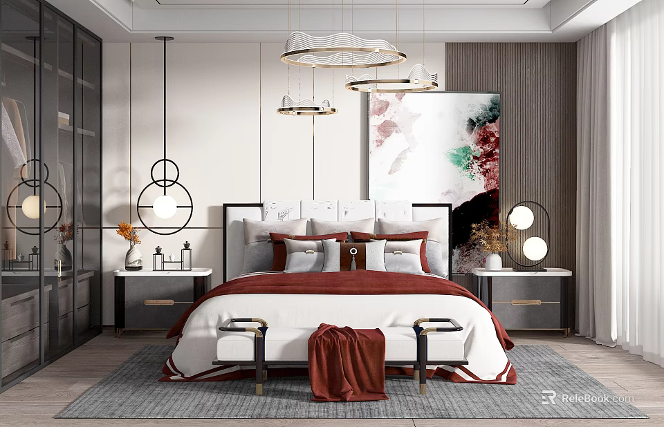 Modern Bedroom Interior Design With Red And White Bedding Abstract Artwork Nightstands And Pendant Lighting 3d model 