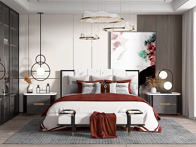Modern Bedroom Interior Design With Red And White Bedding Abstract Artwork Nightstands And Pendant Lighting 3d model