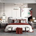 Modern Bedroom Interior Design With Red And White Bedding Abstract Artwork Nightstands And Pendant Lighting