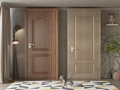 Stylish Hinged Doors In Brown Light Wood Finishes With Geometric Rug And Decor 3d model