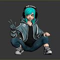 3D Character With Teal Hair Headphones Hoodie And Cargo Pants Squatting Pose Peace Sign