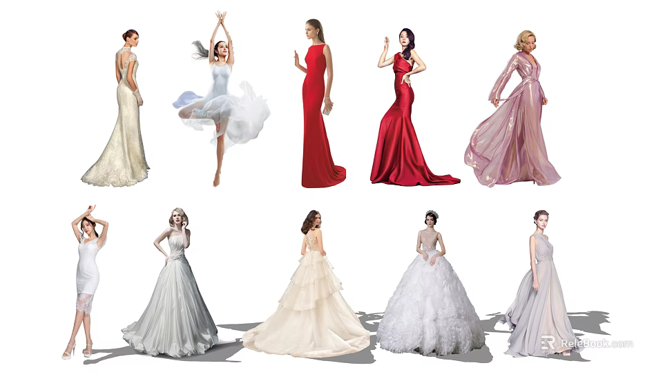 Women in Various Elegant Evening Dresses With Different Styles And Colors 3d model 