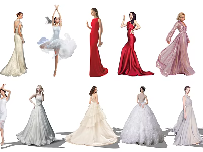 Women in Various Elegant Evening Dresses With Different Styles And Colors 3d model