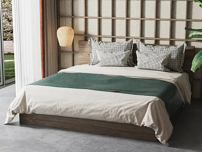 Double Bed With Wooden Headboard Plaid Pillows Green Beige Bedspread And Wooden Lattice Wall 3d model