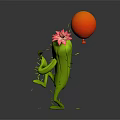 Cartoon Green Cactus With Red Flower On Head Surprised Expression Near Orange Smiley Balloon