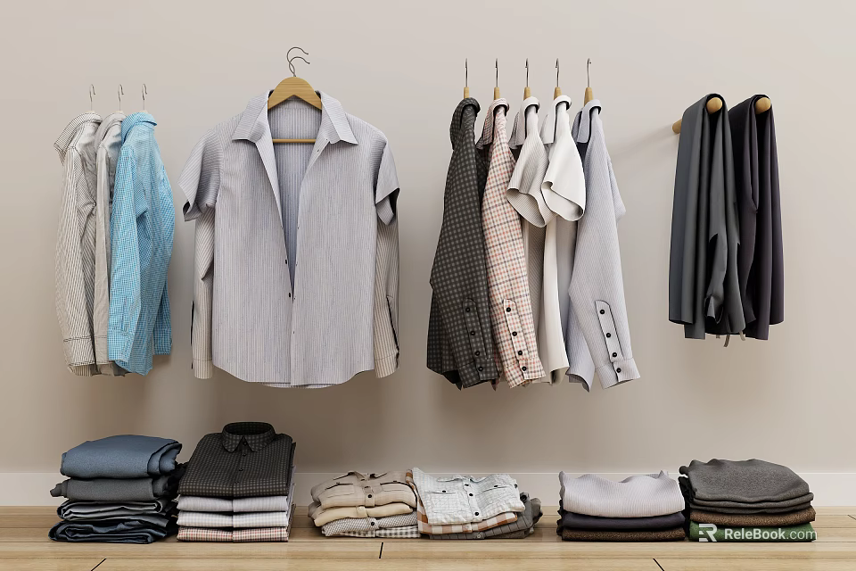 Assorted Clothes Hanging On Hangers And Folded On Wooden Shelf Against Light Wall 3d model 