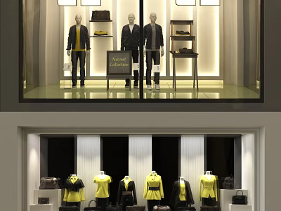 Stylish Window Display Featuring Mannequins New Collection Clothing And Accessories 3d model