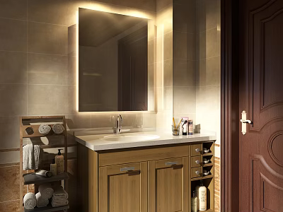 Bathroom Vanity With Wooden Cabinet Backlit Mirror Marble Countertop And Toiletries 3d model