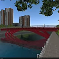 Scenic Red Bridge Over River With Pedestrians Green Trees And Blue Sky
