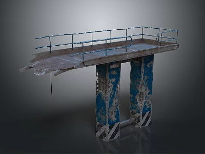 Weathered Industrial Platform Structure with Metal Railings Striped Blue Pillars and Peeling Paint 3d model