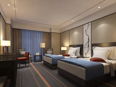 Modern Hotel Room With Twin Beds Blue Bedding Red Cushions Decorative Wall And Striped Carpet 3d model