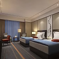 Modern Hotel Room With Twin Beds Blue Bedding Red Cushions Decorative Wall And Striped Carpet